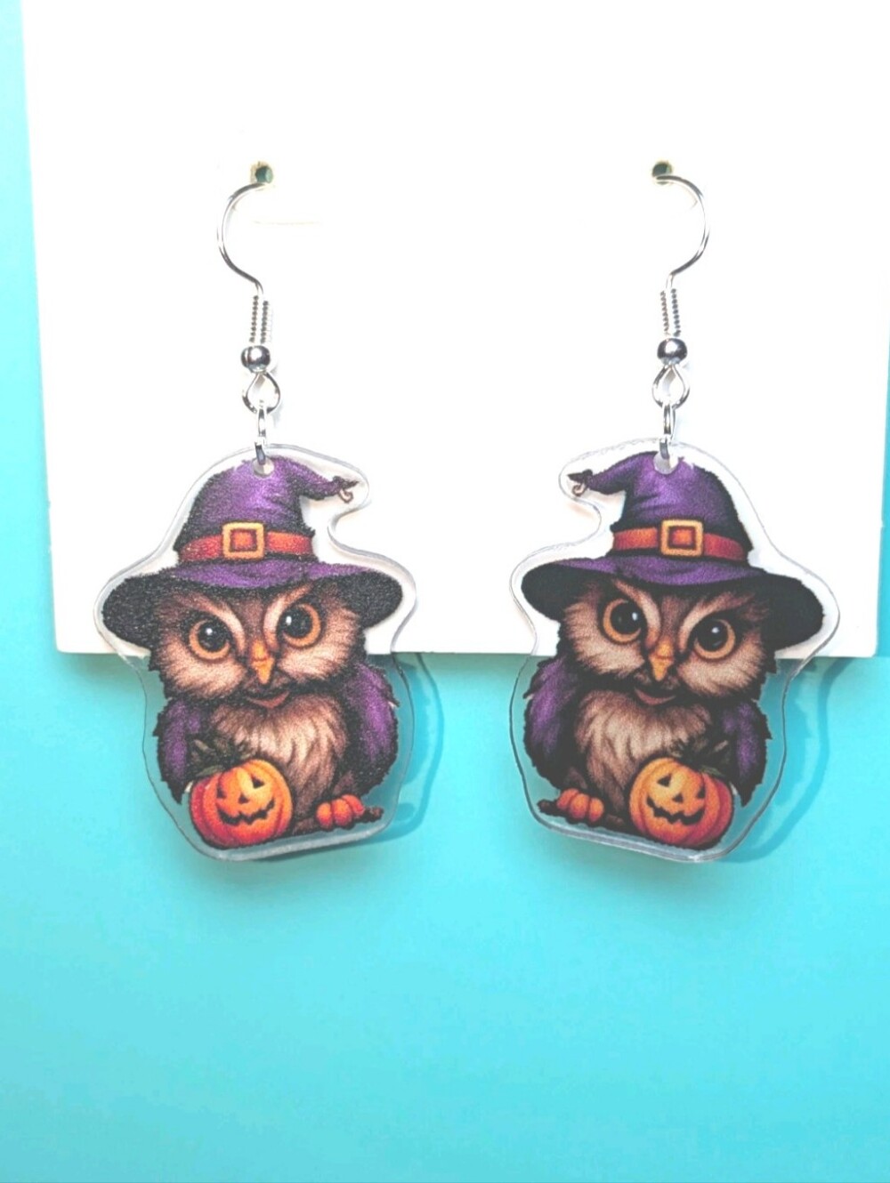Hand Crafted Purple Owl Witch Halloween Earrings with Orange Pumpkin Accent